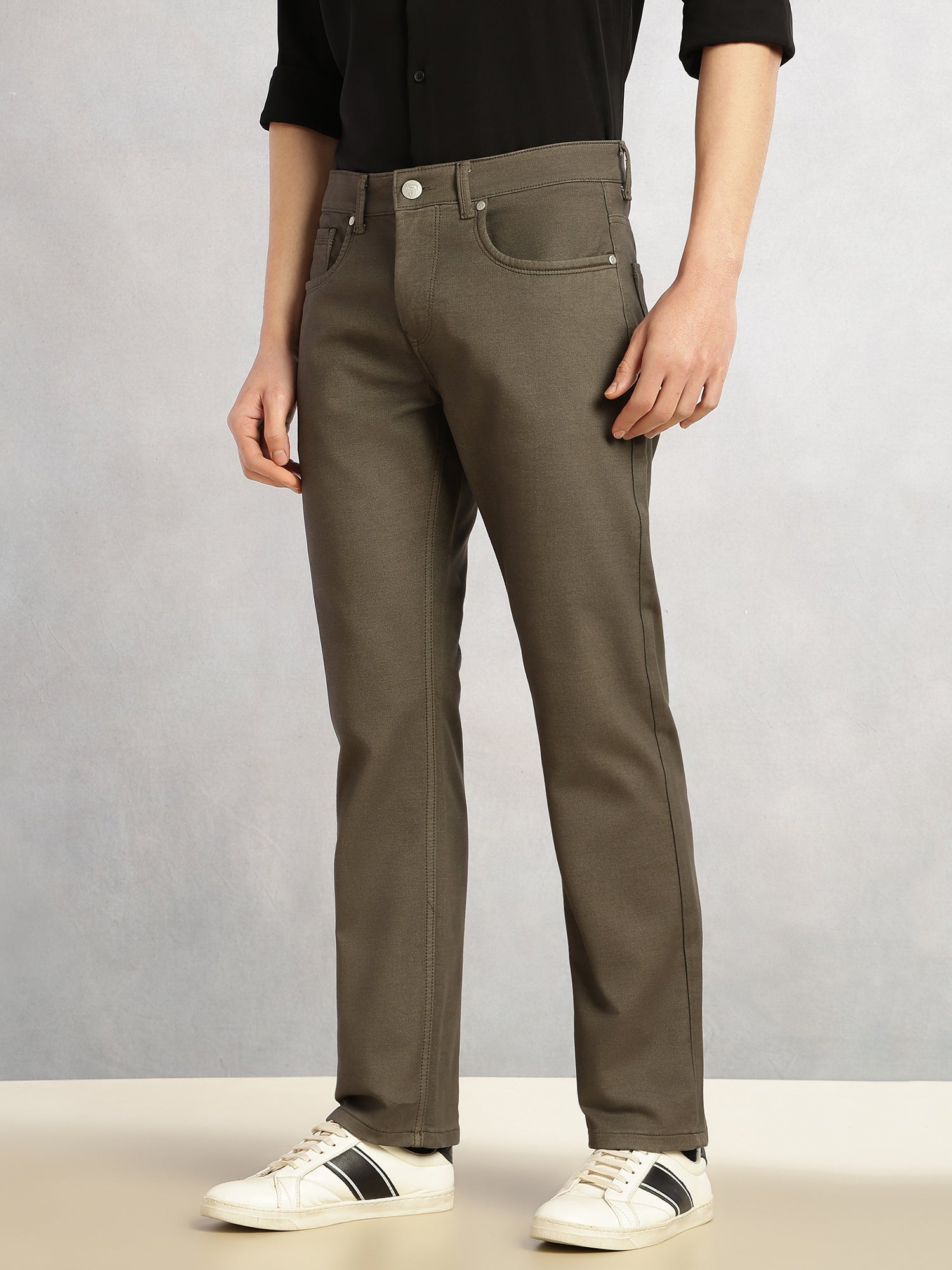 Thomas Scott Men Olive Cricket Club Collection Mid-Rise Straight Fit No Fade Stretchable Jeans