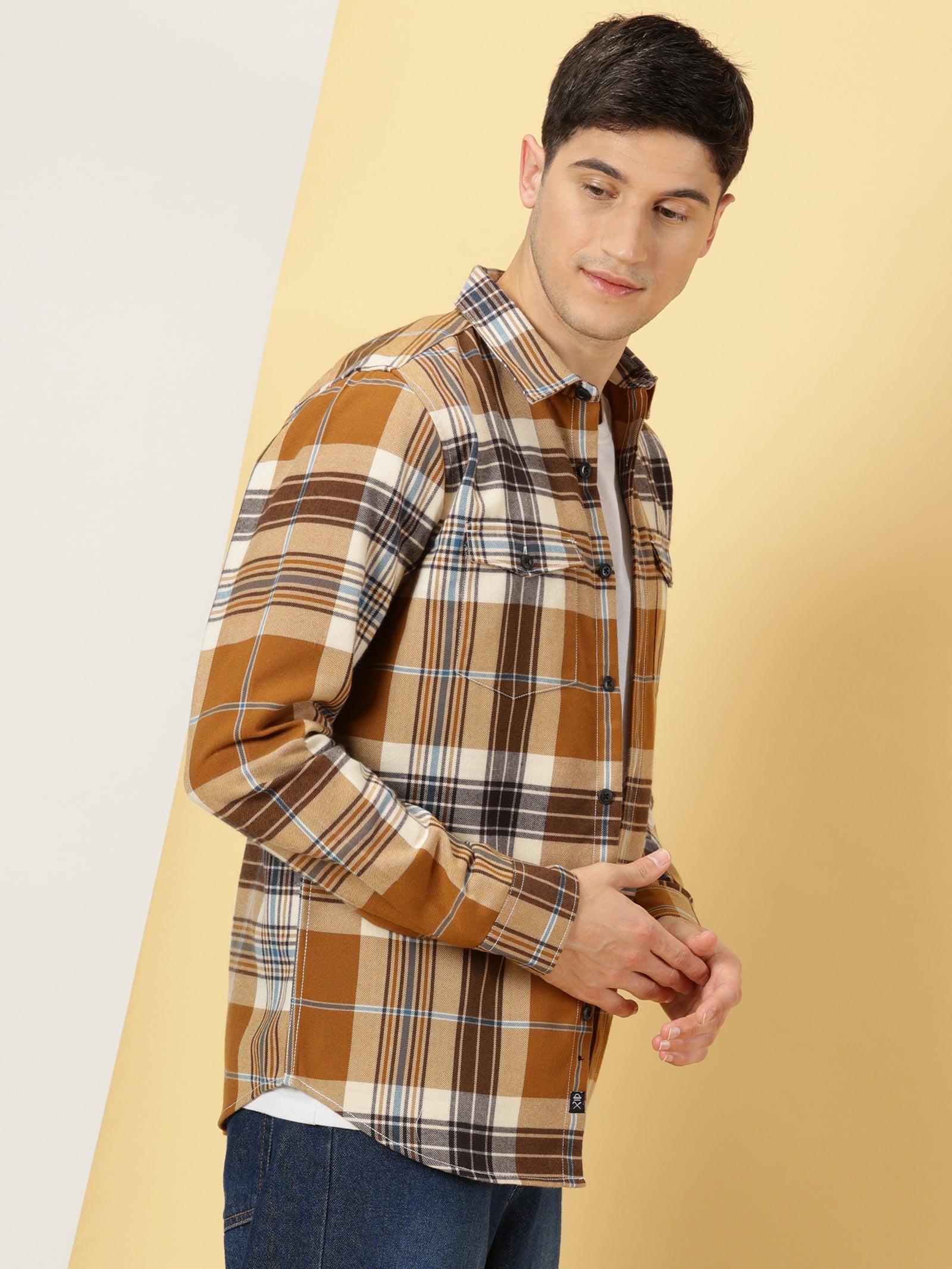 Thomas Scott Men Brown Regular Fit Long Sleeves Spread Collar Tartan Checks Double Pocket Knitted Casual Shirt
