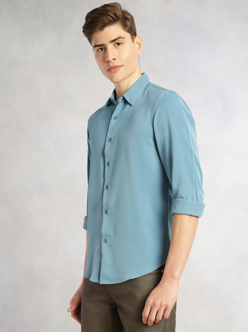 Thomas Scott Men Blue Regular Fit Full Sleeves Spread Collar Solid Polyester Casual Shirt