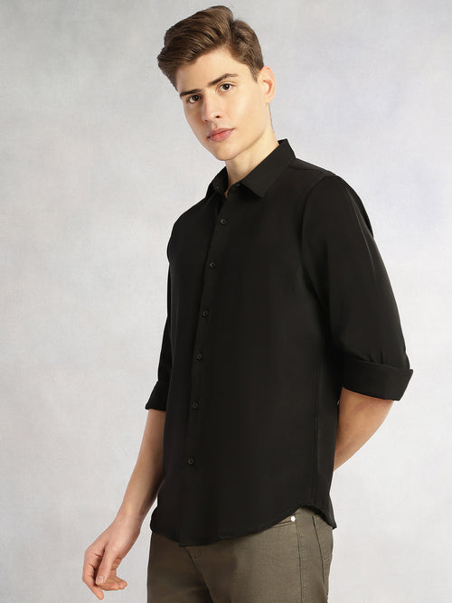 Thomas Scott Men Black Regular Fit Full Sleeves Spread Collar Solid Polyester Casual Shirt