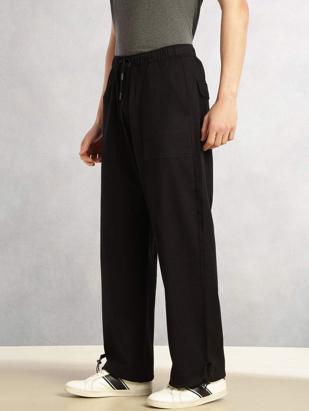 Thomas Scott Men Black Regular Fit Mid-Rise Solid Woven Trousers with Drawstring Closure & Four Pockets