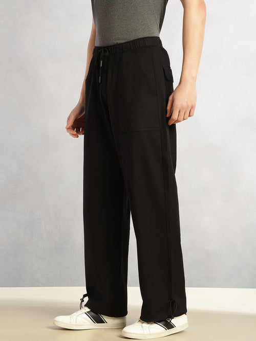 Thomas Scott Men Black Regular Fit Mid-Rise Solid Woven Trousers with Drawstring Closure & Four Pockets