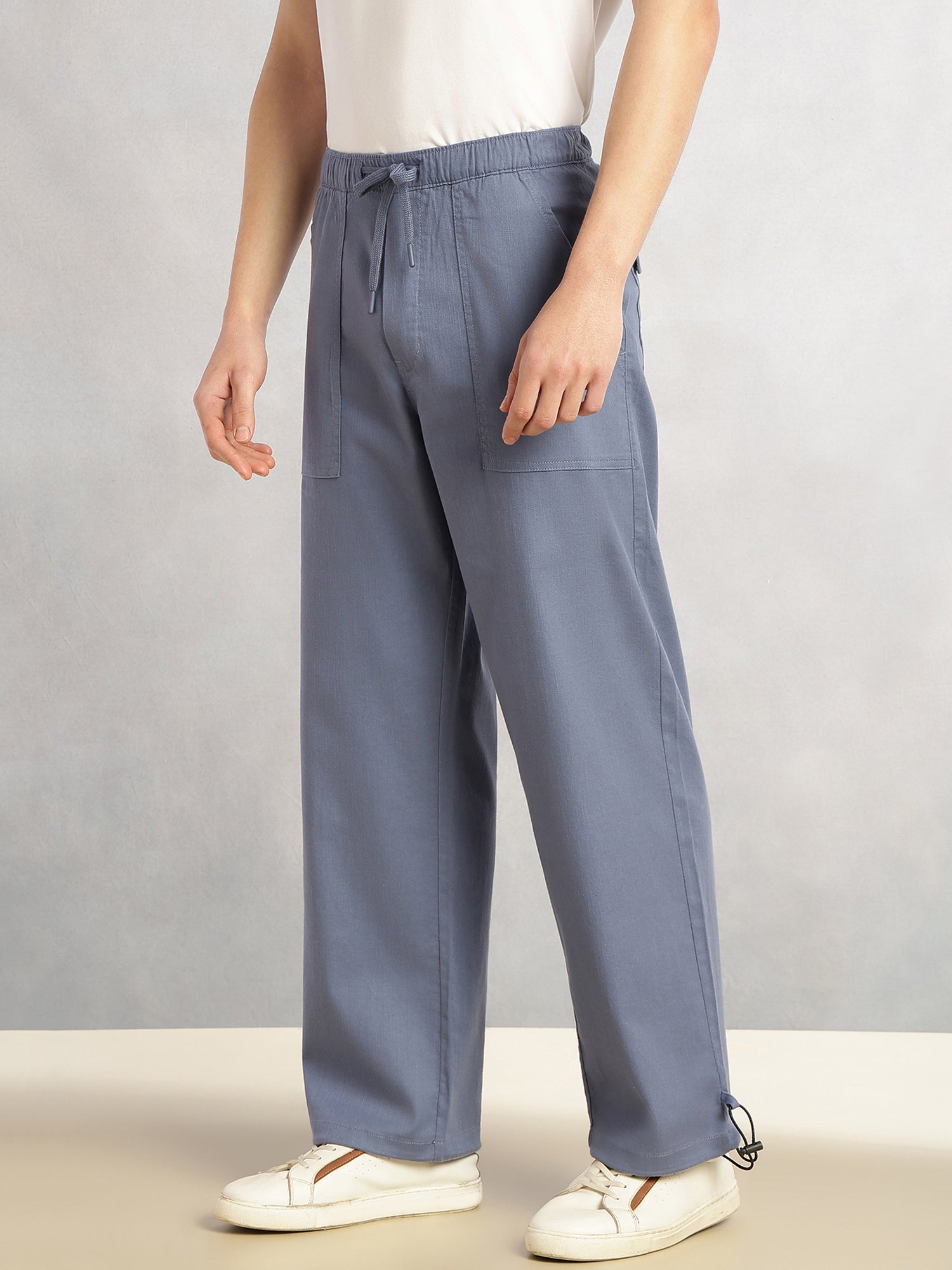 Thomas Scott Men Blue Regular Fit Mid-Rise Solid Woven Trousers with Drawstring Closure & Four Pockets