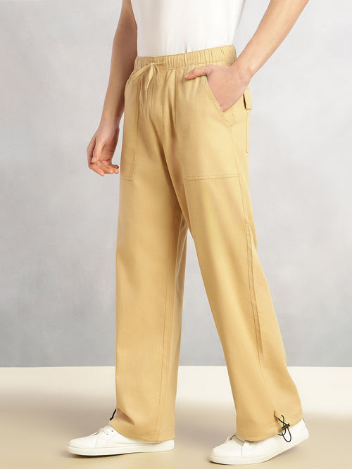 Thomas Scott Men Khaki Regular Fit Mid-Rise Solid Woven Trousers with Drawstring Closure & Four Pockets
