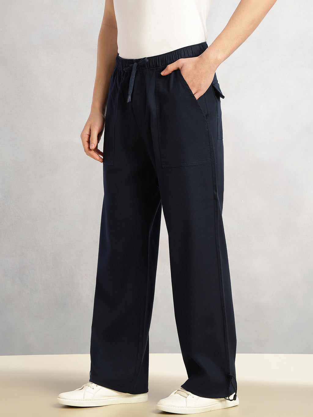 Thomas Scott Men Navy Regular Fit Mid-Rise Solid Woven Trousers with Drawstring Closure & Four Pockets