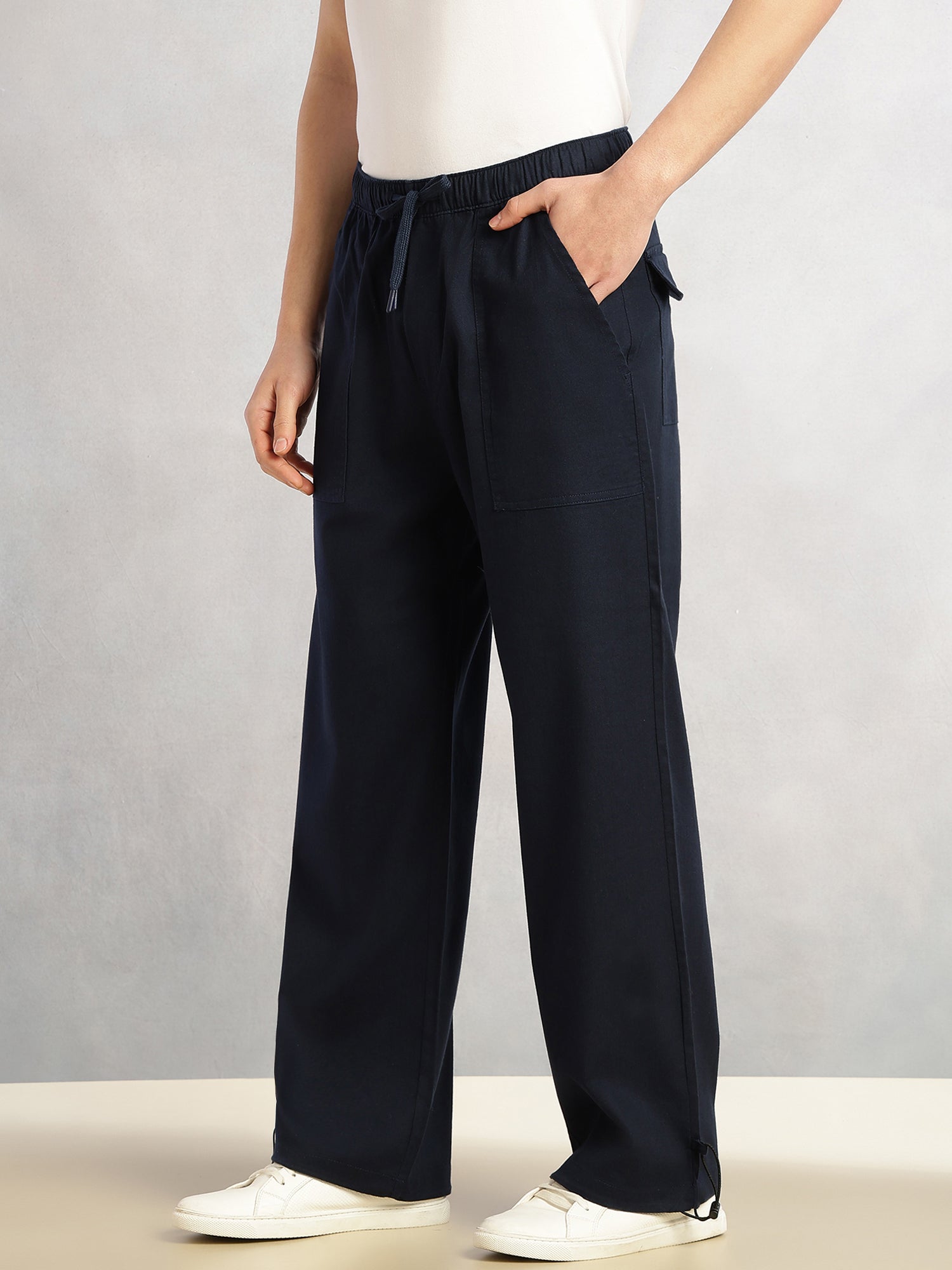 Thomas Scott Men Navy Regular Fit Mid-Rise Solid Woven Trousers with Drawstring Closure & Four Pockets