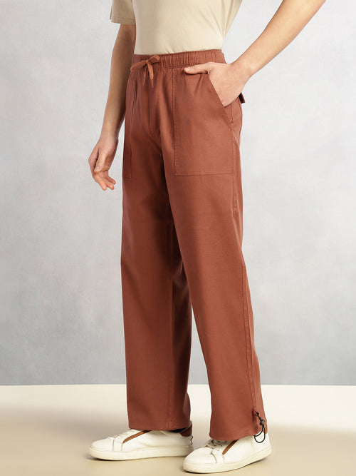 Thomas Scott Men Rust Regular Fit Mid-Rise Solid Woven Trousers with Drawstring Closure & Four Pockets