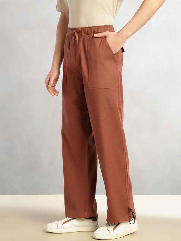 Rust Regular Fit Mid-Rise Solid Woven Trouser For Men with Drawstring Closure & Four Pockets