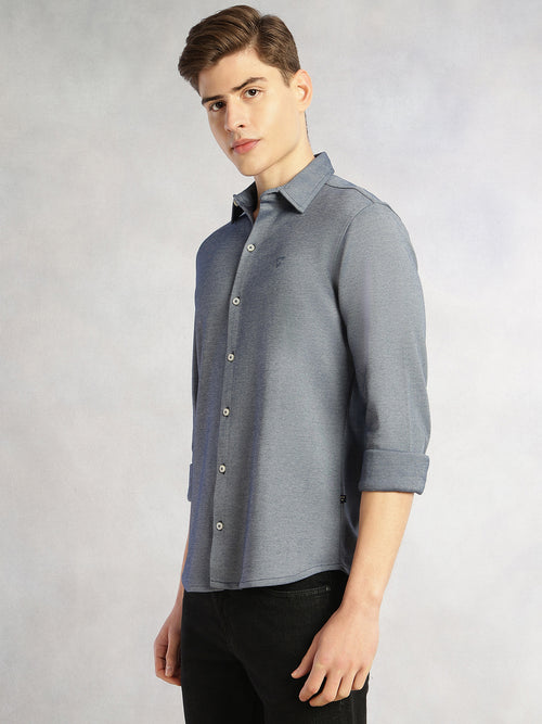 Thomas Scott Men Navy Slim Fit Long Sleeves Spread Collar Solid Knitted Shirt
