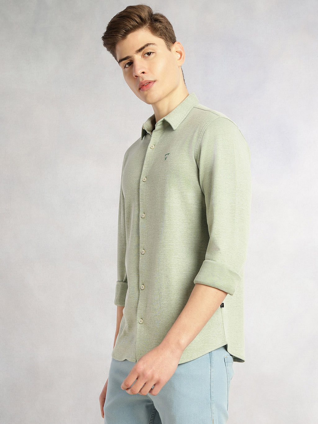 Thomas Scott Men Sage Green Slim Fit Long Sleeves Spread Collar Solid Knitted Shirt