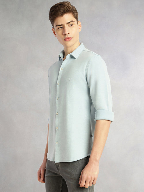 Thomas Scott Men Sky Blue Slim Fit Long Sleeves Spread Collar Solid Knitted Shirt
