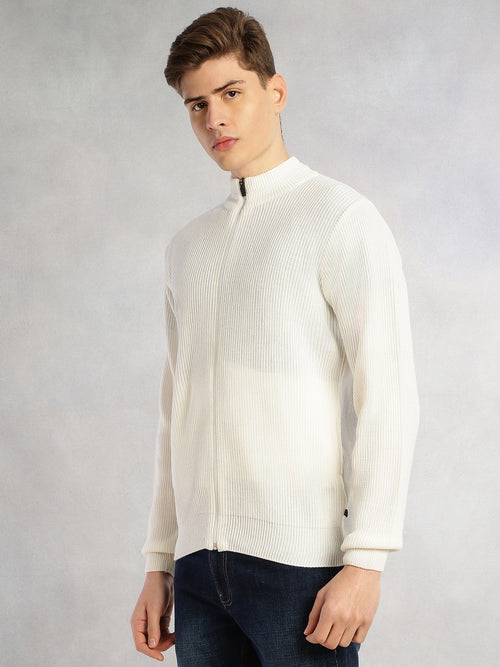 Thomas Scott Men White Regular Fit Long Sleeves Zip Closure Mock Collar Acrylic Knitted Sweatshirt