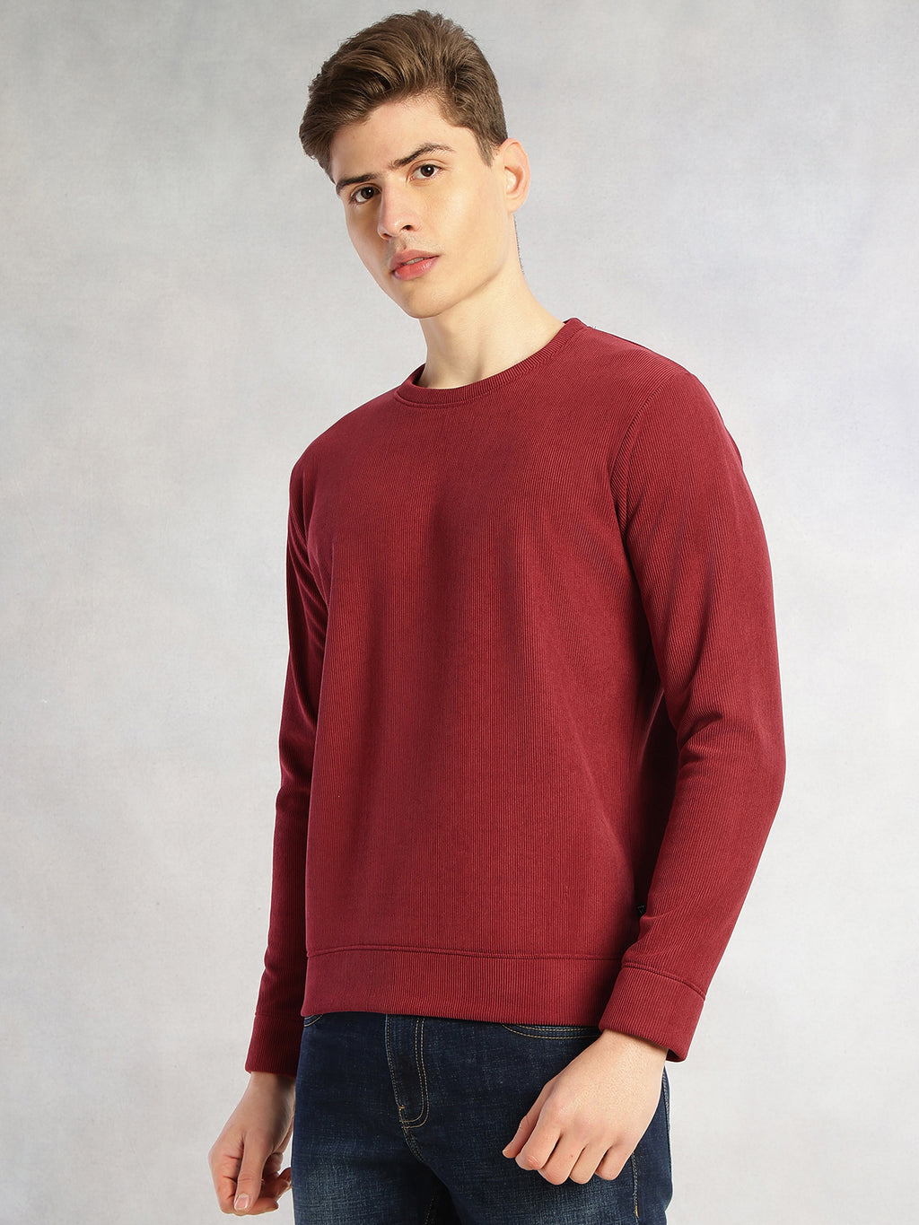Thomas Scott Men Maroon Regular Fit Long Sleeves Round Neck Solid Polyester Pullover Sweatshirt