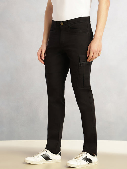 Thomas Scott Men Black Regular Fit Mid-Rise Solid Woven Utility Cargo Trouser