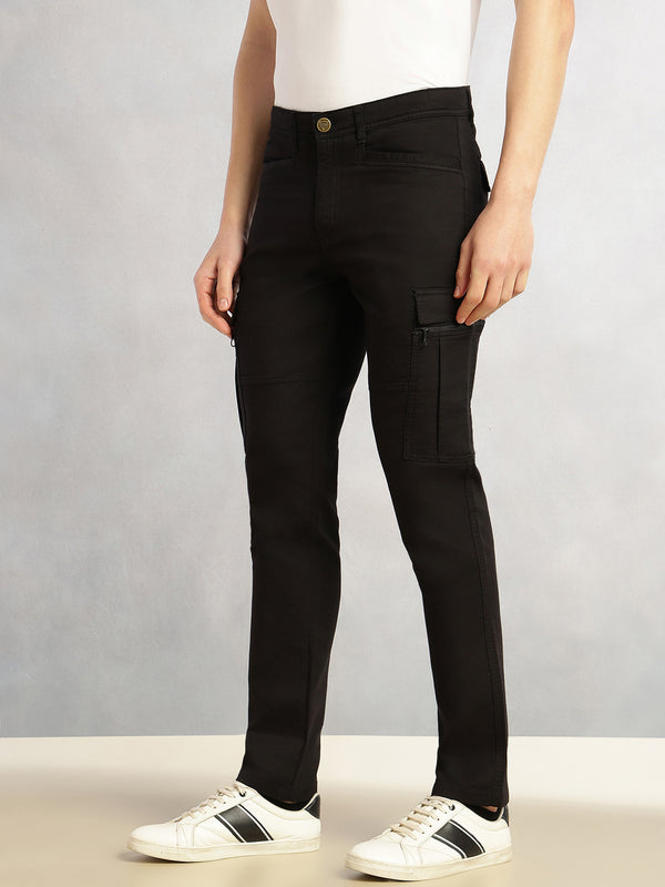 Black Regular Fit Mid-Rise Solid Woven Utility Cargo Trouser For Men