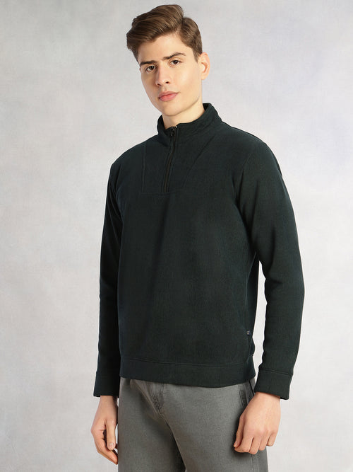 Thomas Scott Men Bottle Green Regular Fit Long Sleeves Mock Neck Half-Zip Solid Polyester Knitted Sweatshirt