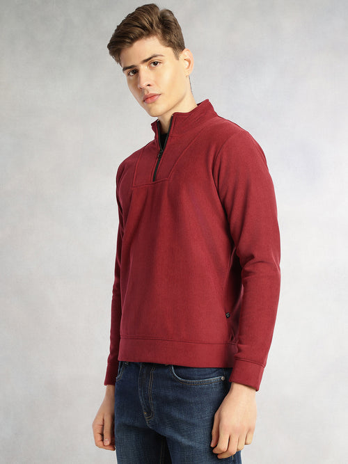 Thomas Scott Men Maroon Regular Fit Long Sleeves Mock Neck Half-Zip Solid Polyester Knitted Sweatshirt