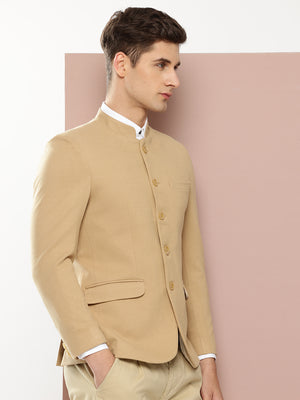 Thomas Scott Men Beige1 Regular Fit Mandarin Collar Long Sleeves Solid Formal and Wedding Wear Bandhgala Blazer