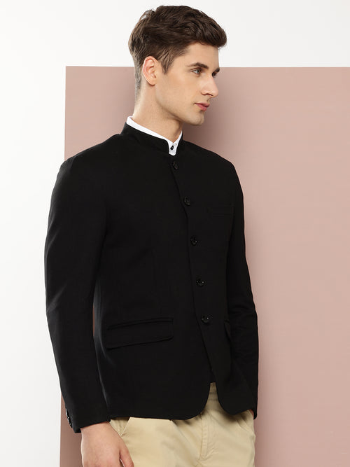 Thomas Scott Men Black1 Regular Fit Mandarin Collar Long Sleeves Solid Formal and Wedding Wear Bandhgala Blazer