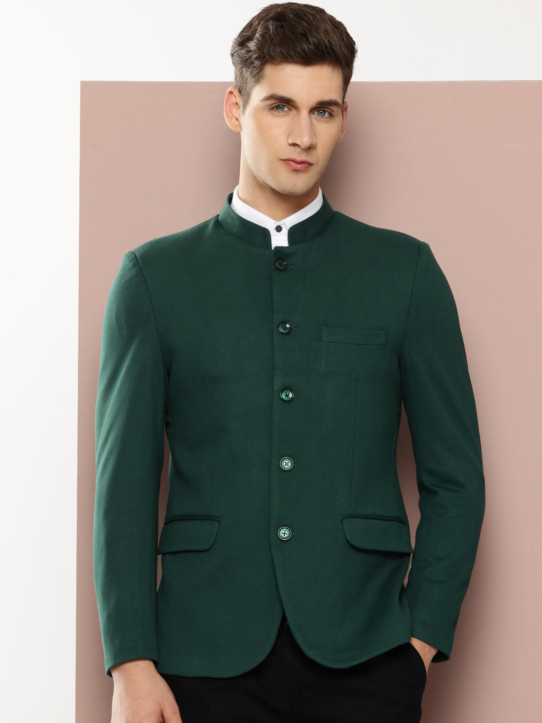 Thomas Scott Men Bottle Green1 Regular Fit Mandarin Collar Long Sleeves Solid Formal and Wedding Wear Bandhgala Blazer