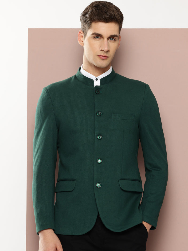 Thomas Scott Men Bottle Green1 Regular Fit Mandarin Collar Long Sleeves Solid Formal and Wedding Wear Bandhgala Blazer