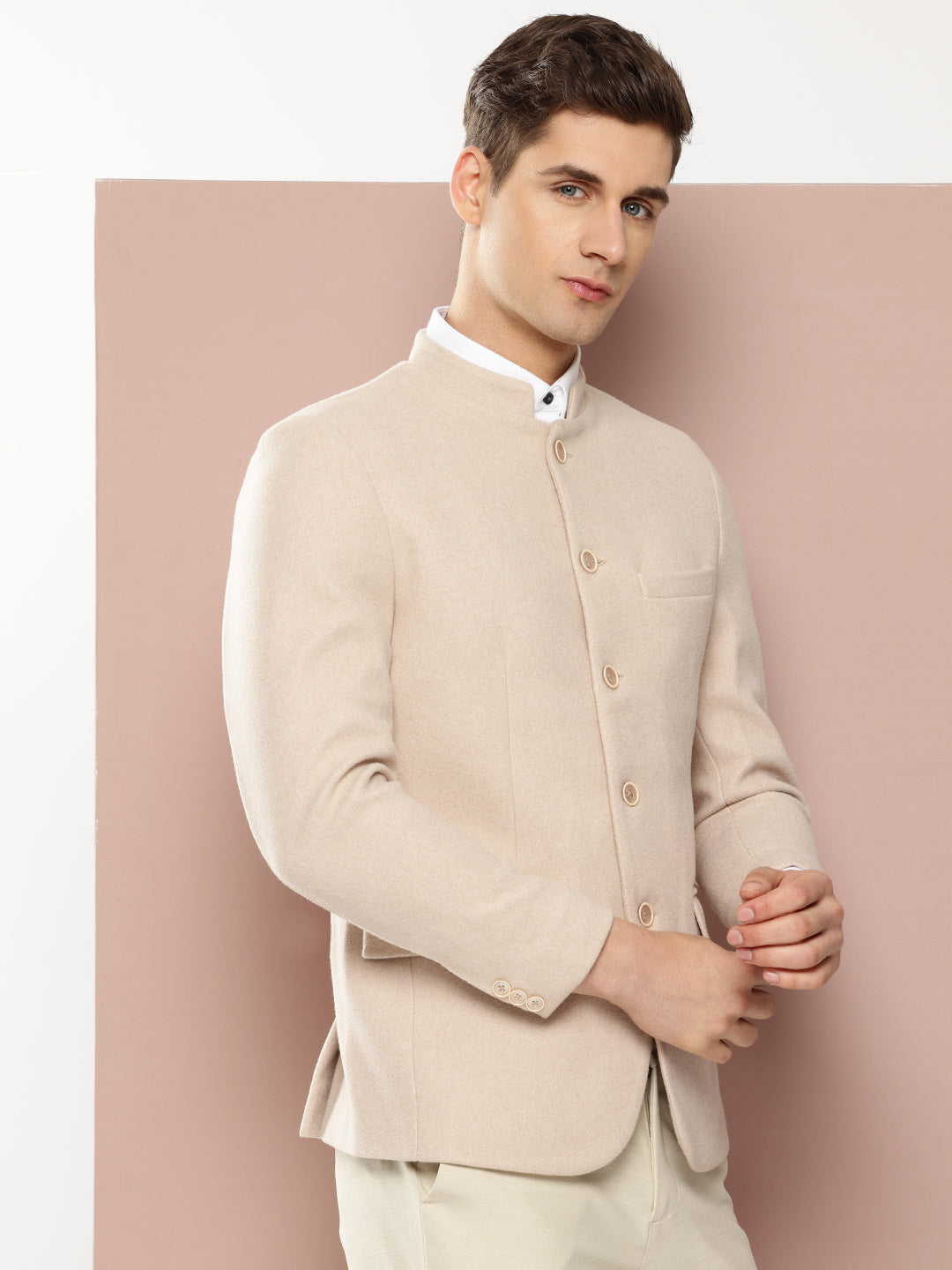 Thomas Scott Men Beige1 Regular Fit Long Sleeves Mandarin Collar Solid Formal and Wedding Wear Bandhgala Blazer