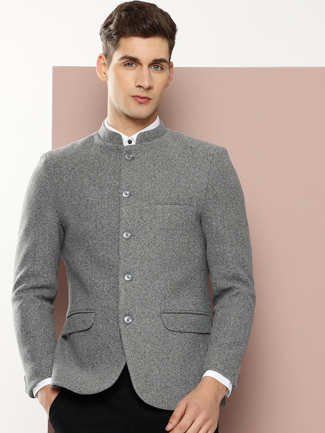 Thomas Scott Men Grey1 Regular Fit Long Sleeves Mandarin Collar Solid Formal and Wedding Wear Bandhgala Blazer