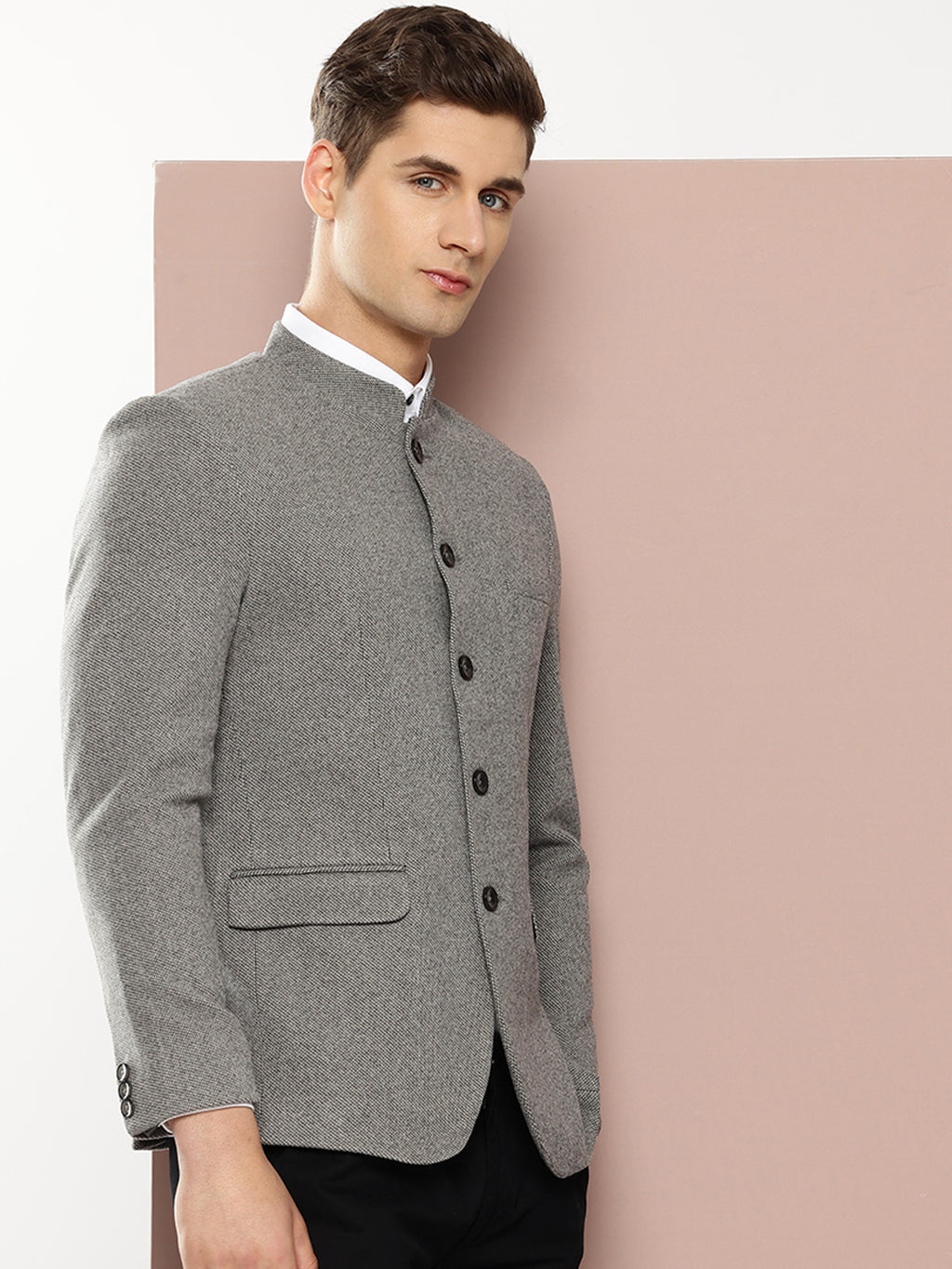 Thomas Scott Men Grey1 Long Sleeves Regular Fit Mandarin Collar Solid Formal and Wedding Wear Bandhgala Blazer