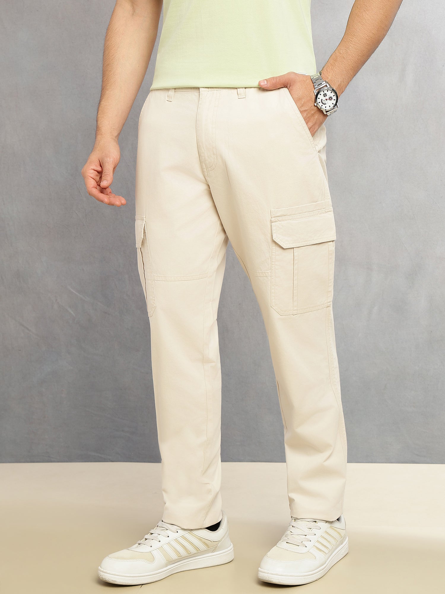 Thomas Scott Men Beige Cricket Club Collections Straight Fit Mid-Rise Solid 6 Pockets 100% Cotton Woven Cargo Trouser