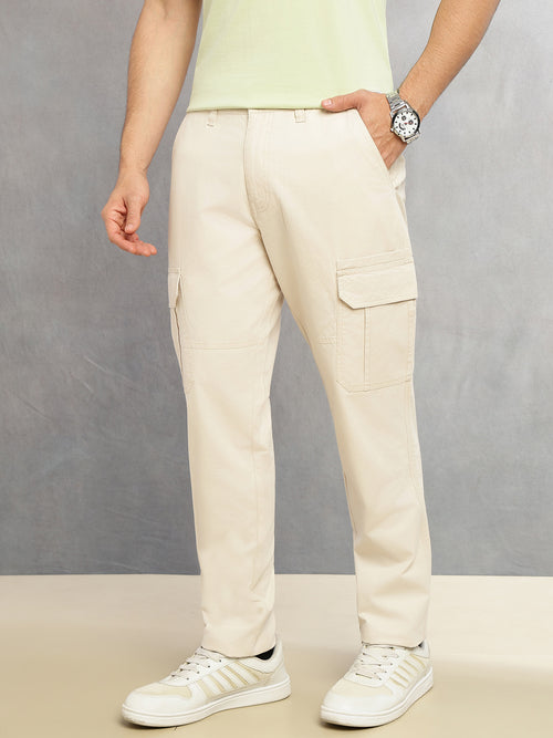Thomas Scott Men Beige Cricket Club Collections Straight Fit Mid-Rise Solid 6 Pockets 100% Cotton Woven Cargo Trouser