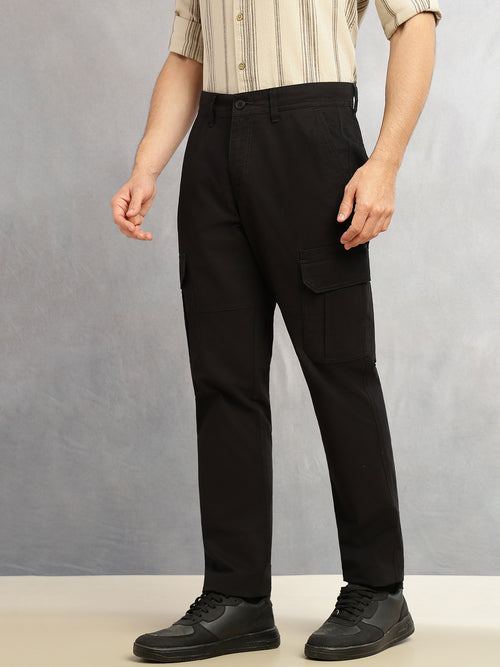 Thomas Scott Men Black Cricket Club Collections Straight Fit Mid-Rise Solid 6 Pockets 100% Cotton Woven Cargo Trouser