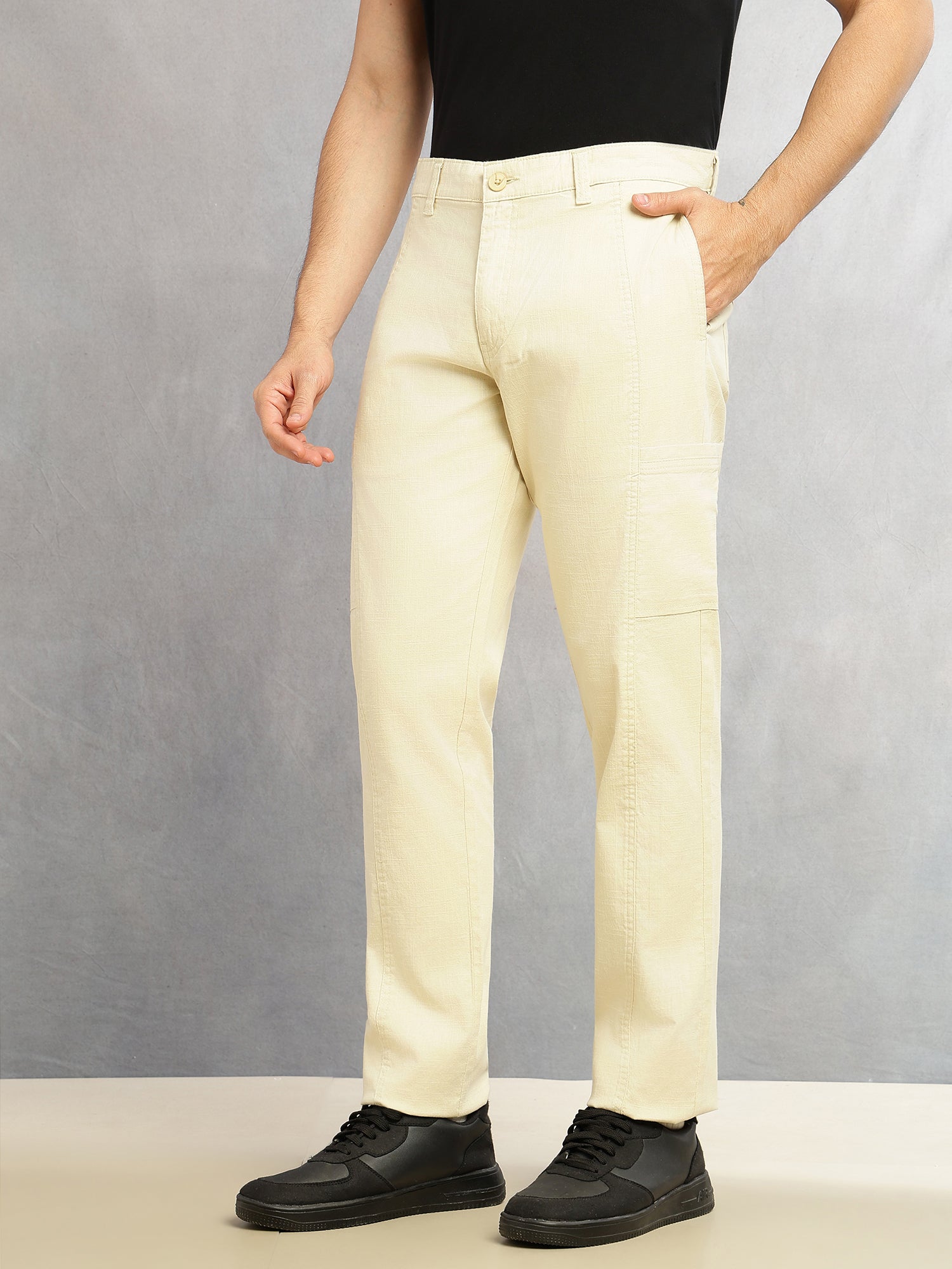 Thomas Scott Men Beige Smart Straight Fit Mid-Rise Solid 6-Pocket Design Woven Cargo Trouser