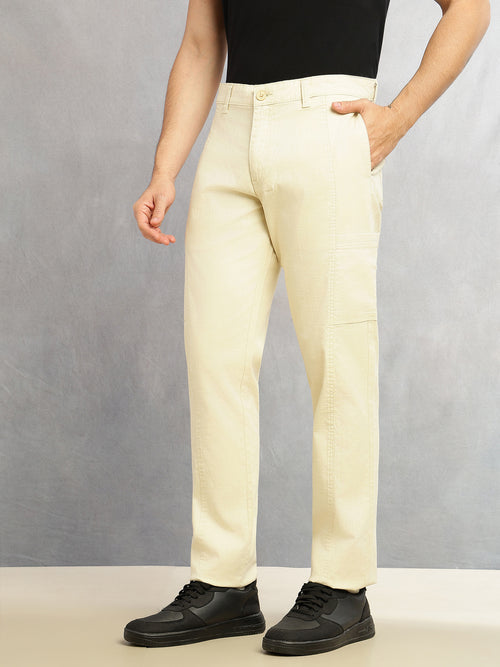 Thomas Scott Men Beige Smart Straight Fit Mid-Rise Solid 6-Pocket Design Woven Cargo Trouser