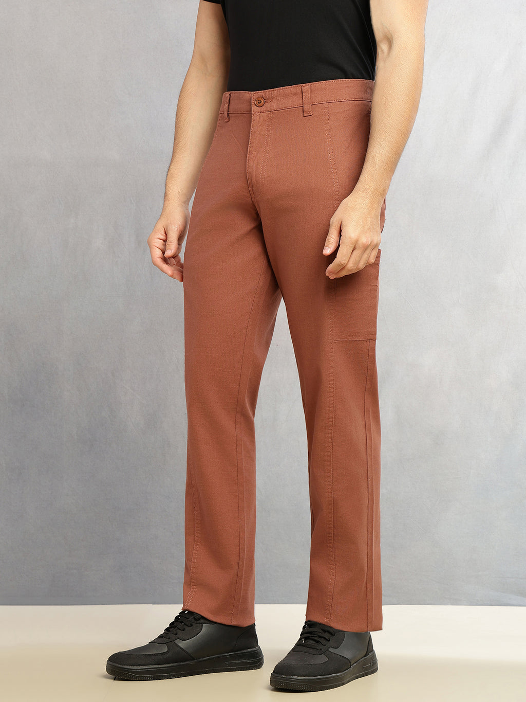 Thomas Scott Men Brown Smart Straight Fit Mid-Rise Solid 6-Pocket Design Woven Cargo Trouser