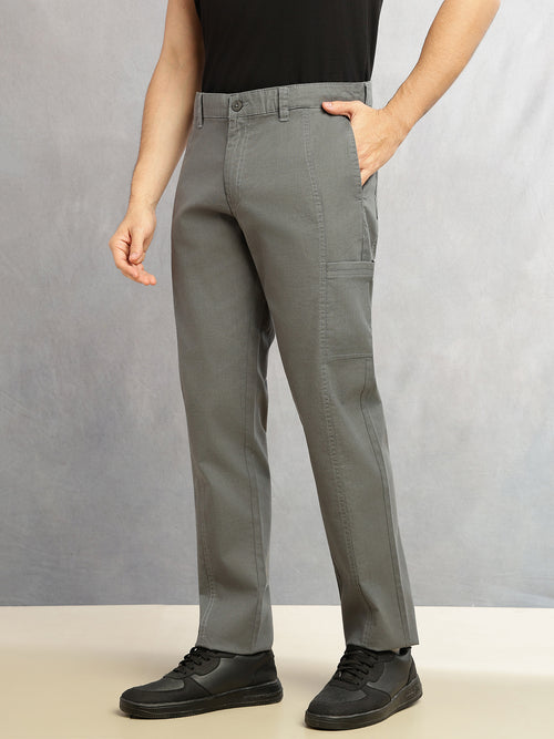 Thomas Scott Men Steel Grey Smart Straight Fit Mid-Rise Solid 6-Pocket Design Woven Cargo Trouser