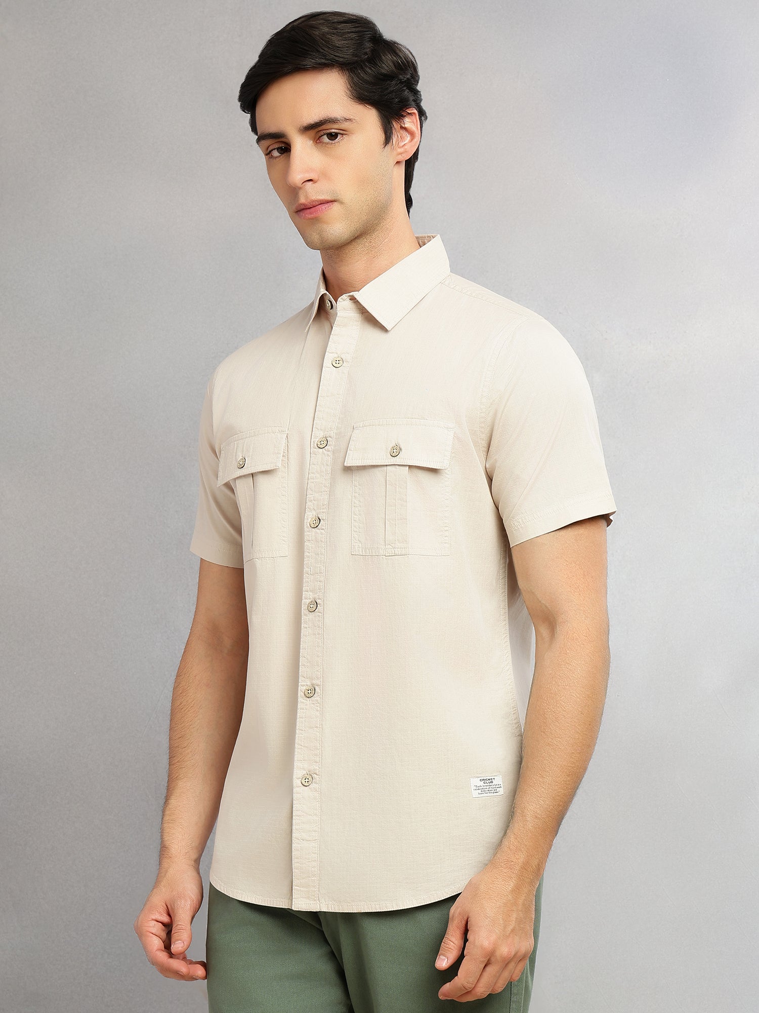 Thomas Scott Men Beige Cricket Club Collection Slim Fit Short Sleeve Spread Collar 2 Flap Pockets Solid Design Cotton Twill Casual Shirt