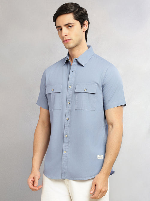Thomas Scott Men Blue Cricket Club Collection Slim Fit Short Sleeve Spread Collar 2 Flap Pockets Solid Design Cotton Twill Casual Shirt