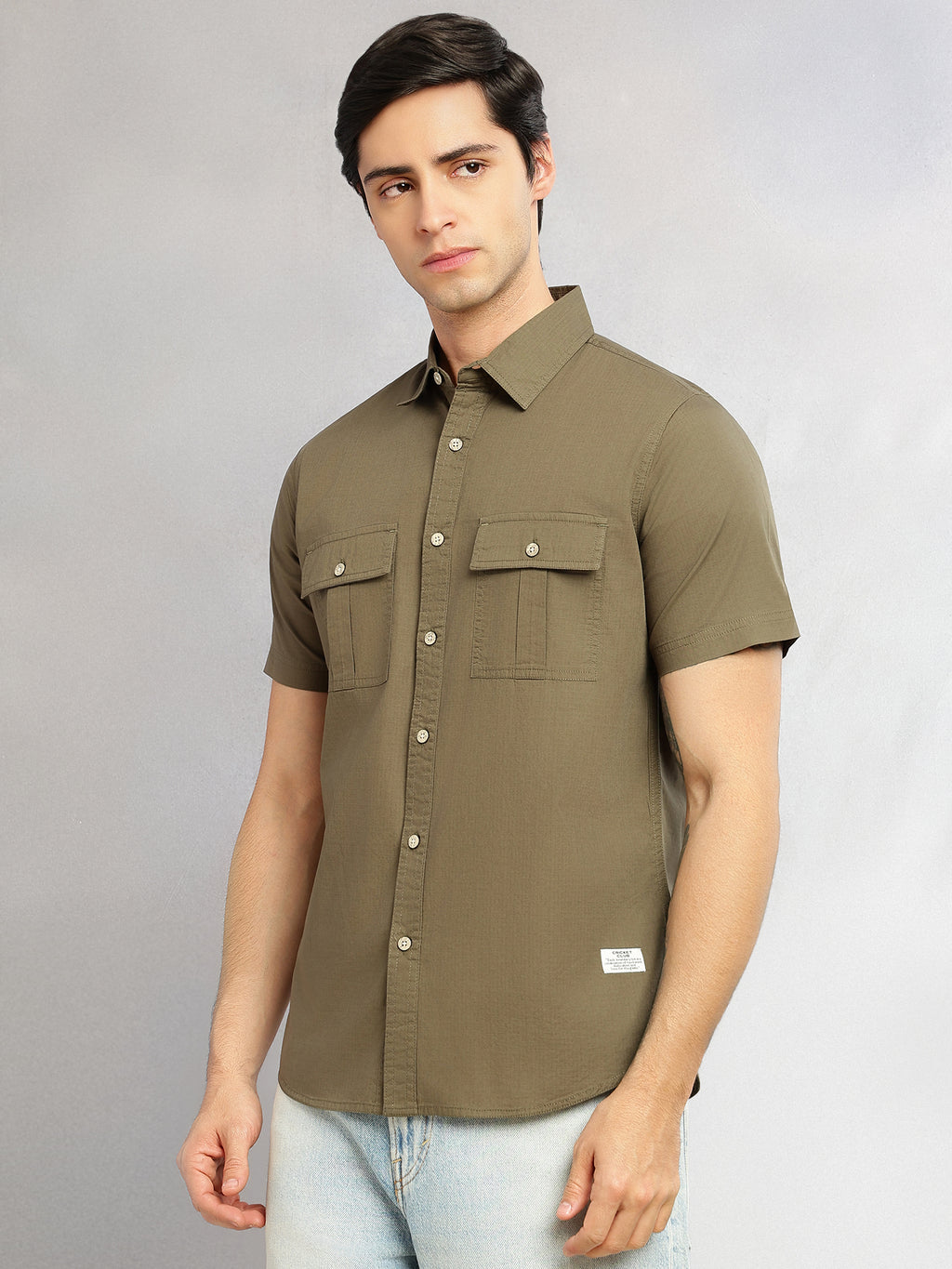 Thomas Scott Men Olive Cricket Club Collection Slim Fit Short Sleeve Spread Collar 2 Flap Pockets Solid Design Cotton Twill Casual Shirt