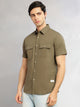 Thomas Scott Men Olive Cricket Club Collection Slim Fit Short Sleeve Spread Collar 2 Flap Pockets Solid Design Cotton Twill Casual Shirt