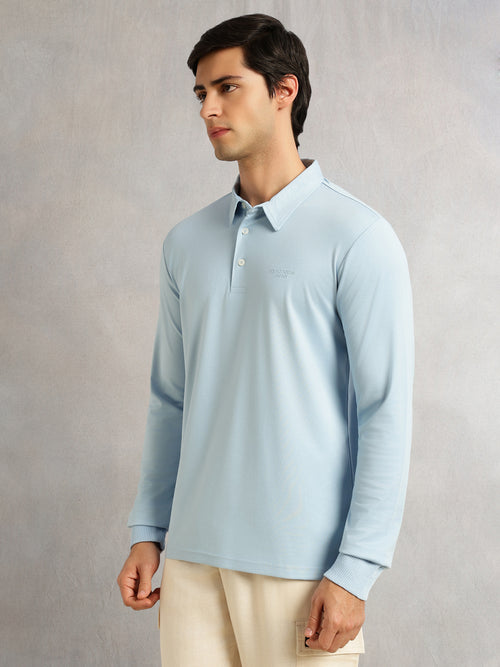 Thomas Scott Men Blue Regular Fit Long Sleeves Solid Viscose Rayon Knitted Polo Collar Performance Tshirt