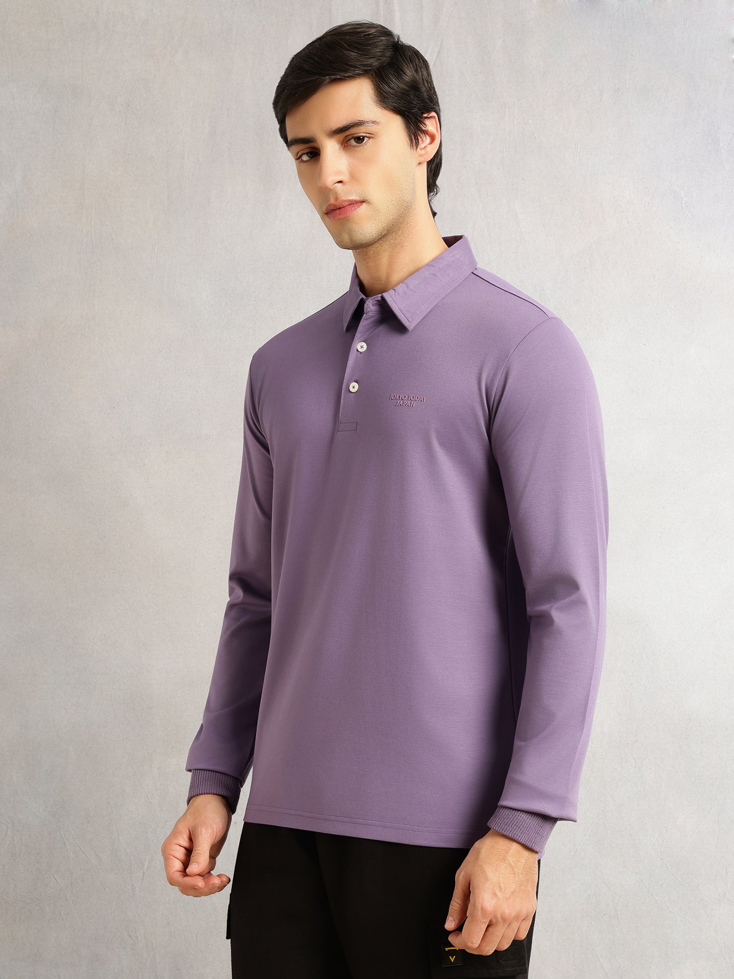 Thomas Scott Men Lavender Regular Fit Long Sleeves Solid Viscose Rayon Knitted Polo Collar Performance Tshirt