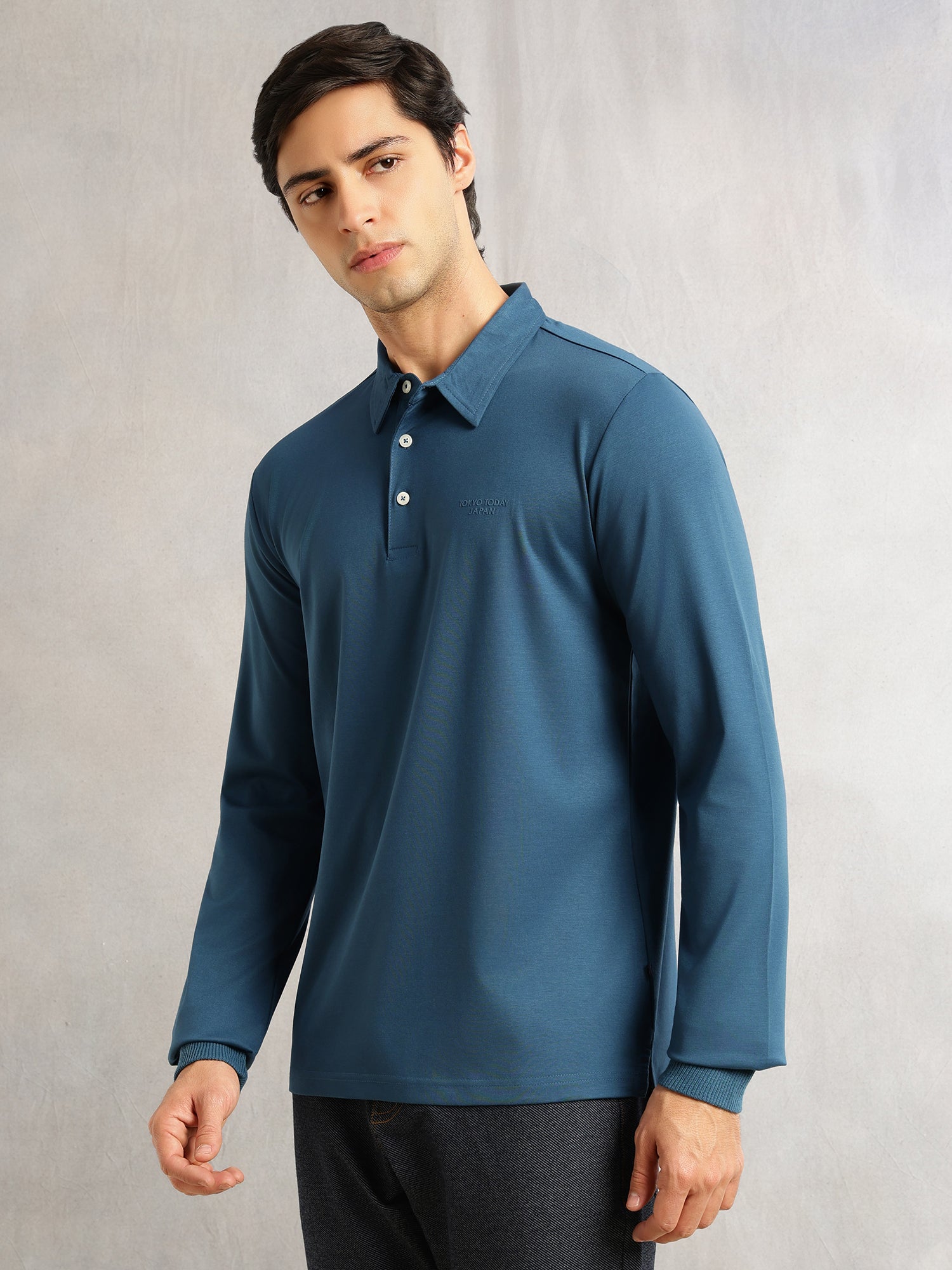 Thomas Scott Men Teal Regular Fit Long Sleeves Solid Viscose Rayon Knitted Polo Collar Performance Tshirt