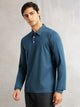 Thomas Scott Men Teal Regular Fit Long Sleeves Solid Viscose Rayon Knitted Polo Collar Performance Tshirt
