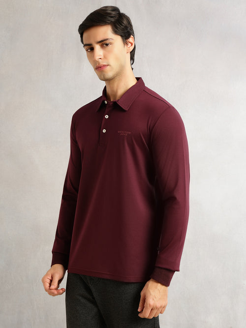 Thomas Scott Men Wine Regular Fit Long Sleeves Solid Viscose Rayon Knitted Polo Collar Performance Tshirt