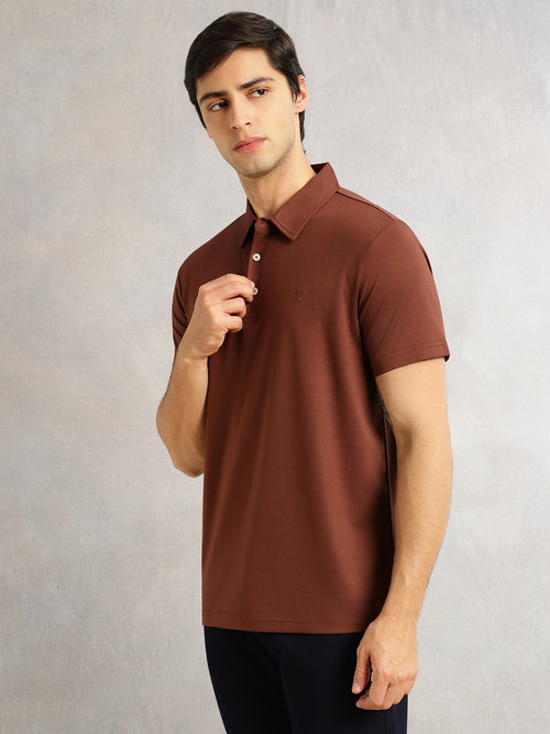 Thomas Scott Men Coffee Brown Regular Fit Short Sleeves Viscose Rayon Solid Knitted Polo Collar Performance Tshirt