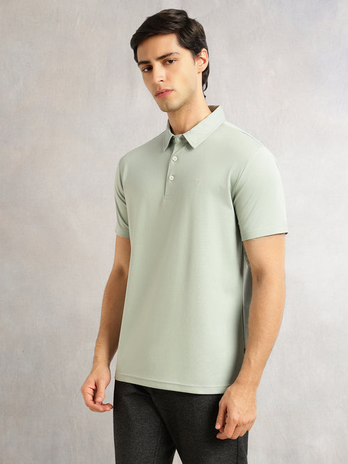 Thomas Scott Men Sage Green Regular Fit Short Sleeves Viscose Rayon Solid Knitted Polo Collar Performance Tshirt