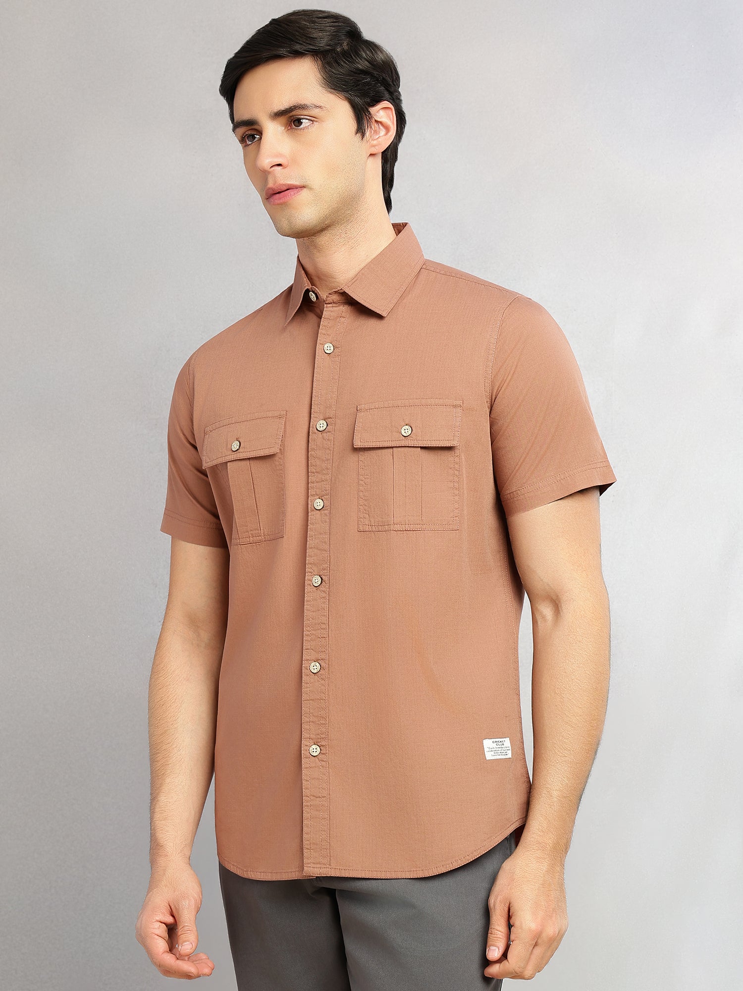 Thomas Scott Men Brown Cricket Club Collection Slim Fit Short Sleeve Spread Collar 2 Flap Pockets Solid Design Cotton Twill Casual Shirt