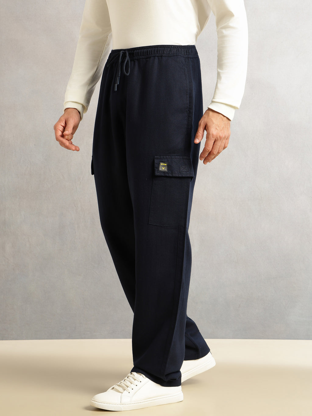 Thomas Scott Men Navy Regular Fit Mid-Rise Linen Cargo Trouser with Drawstring Closure , 5 Pocket Design
