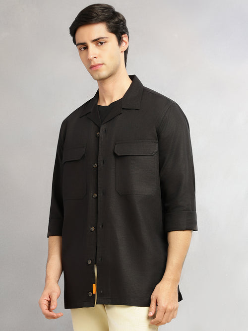 Thomas Scott Men Black Cricket Club Collection Oversized Fit Long Sleeves Camp Collar Cotton Linen Twill Shacket with 2 Flap Pockets