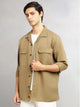 Thomas Scott Men Khaki Cricket Club Collection Oversized Fit Long Sleeves Camp Collar Cotton Linen Twill Shacket with 2 Flap Pockets